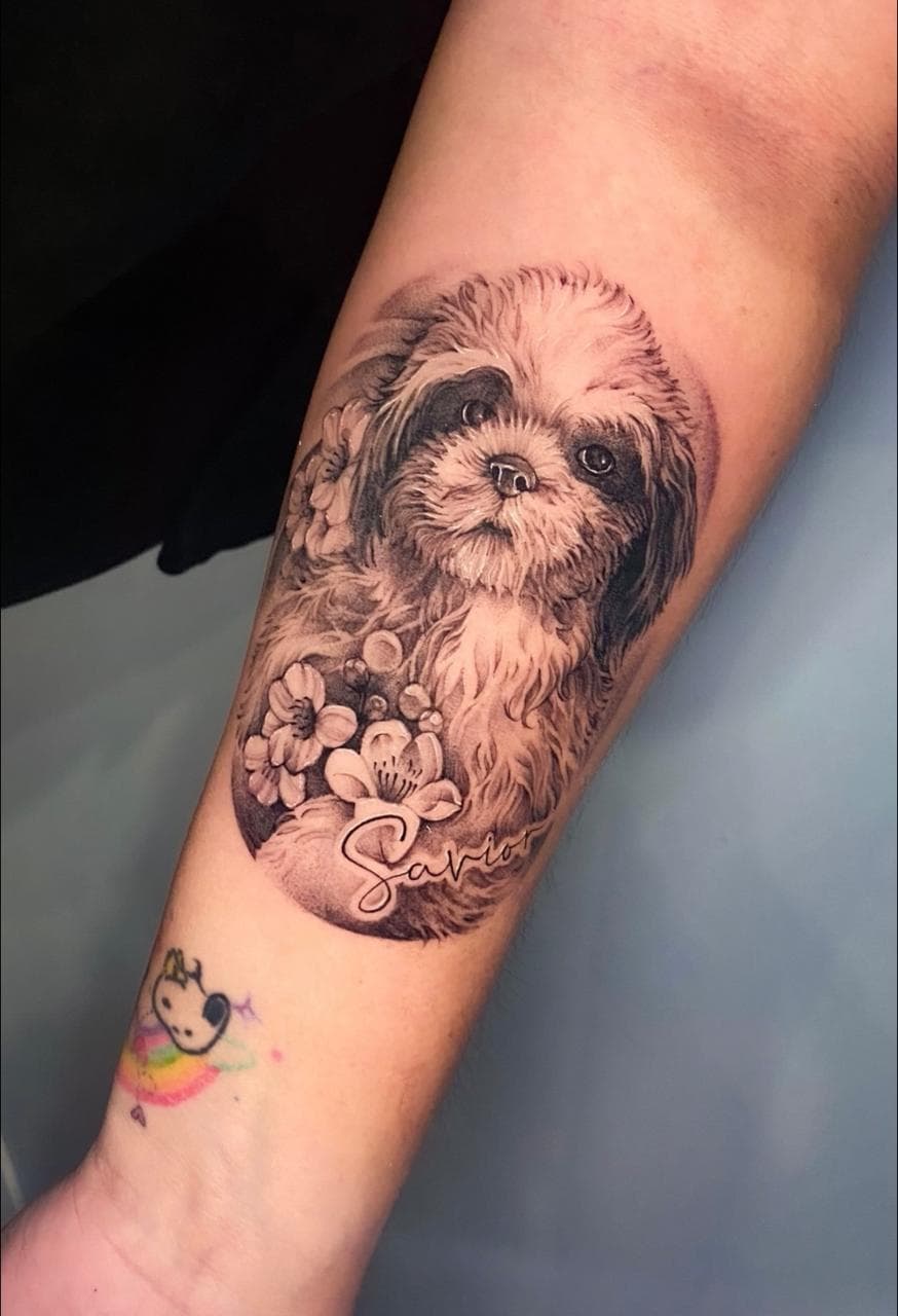 Black and grey realism dog portrait tattoo Darwin