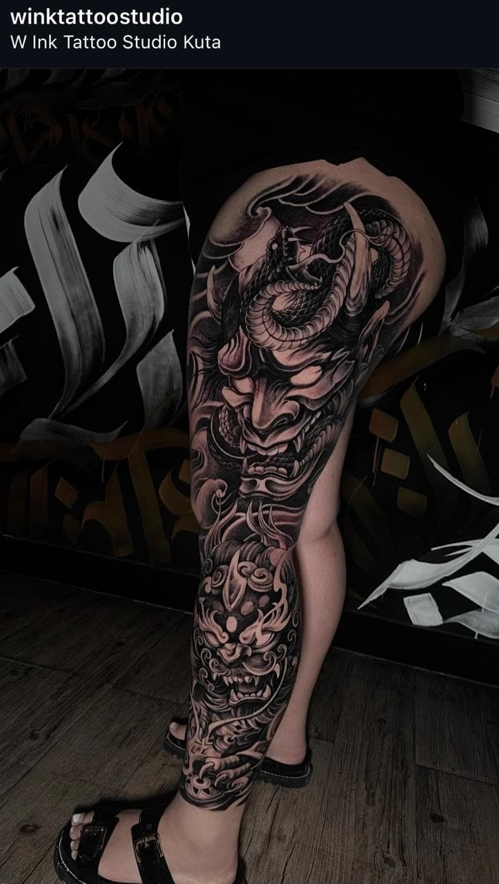 Japanese hannya snake leg sleeve tattoo Darwin