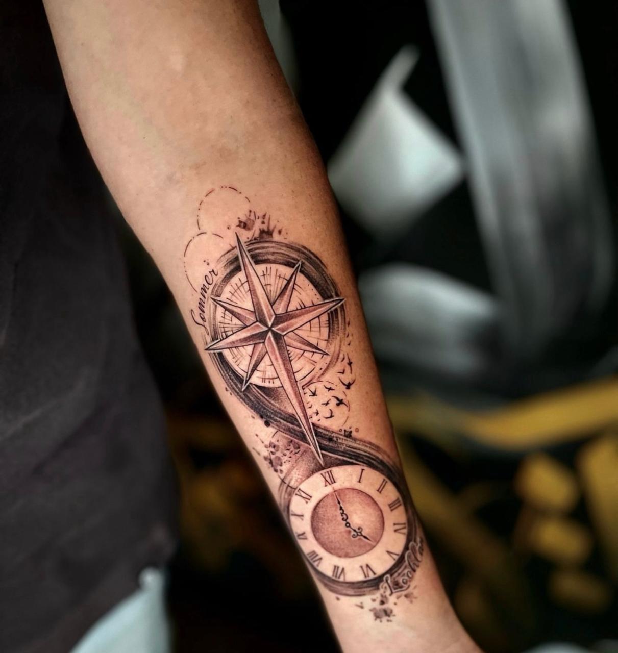 Black and grey realism compass and clock tattoo
