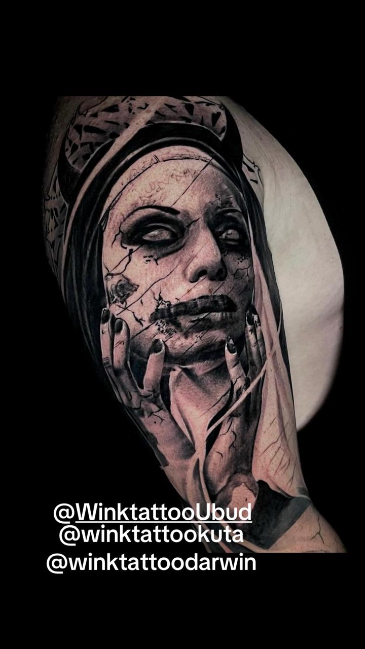 Black and grey realism dark nun tattoo