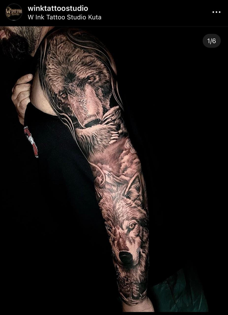Black and grey realism wolf sleeve